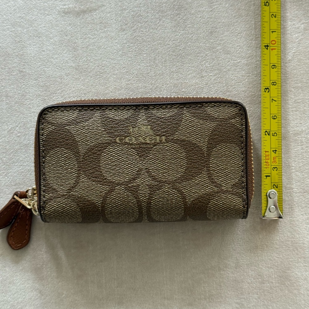 COACH Brown Signature Leather Double Zip Coin Mini Wallet Like New - Picture 4 of 7